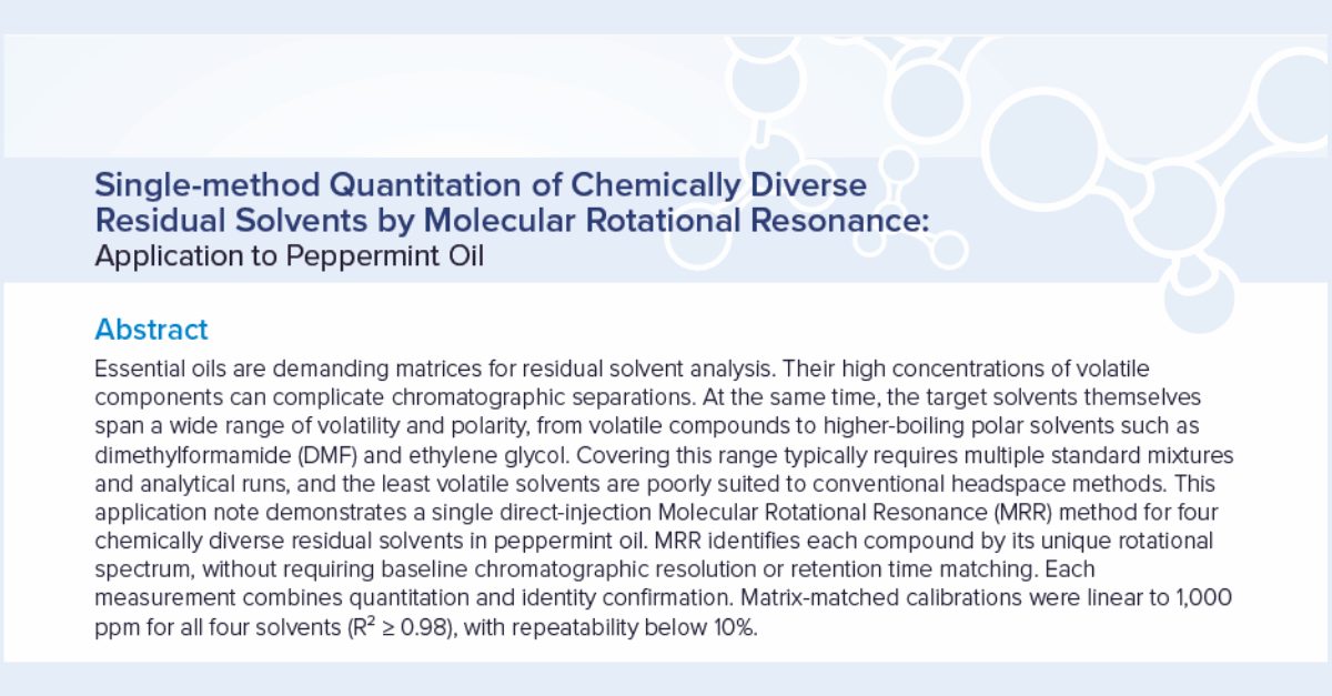 App Note Single Method Quantitation of Chemically Diverse Residual Solvents by Molecular Rotational Resonance Application to Peppermint Oil