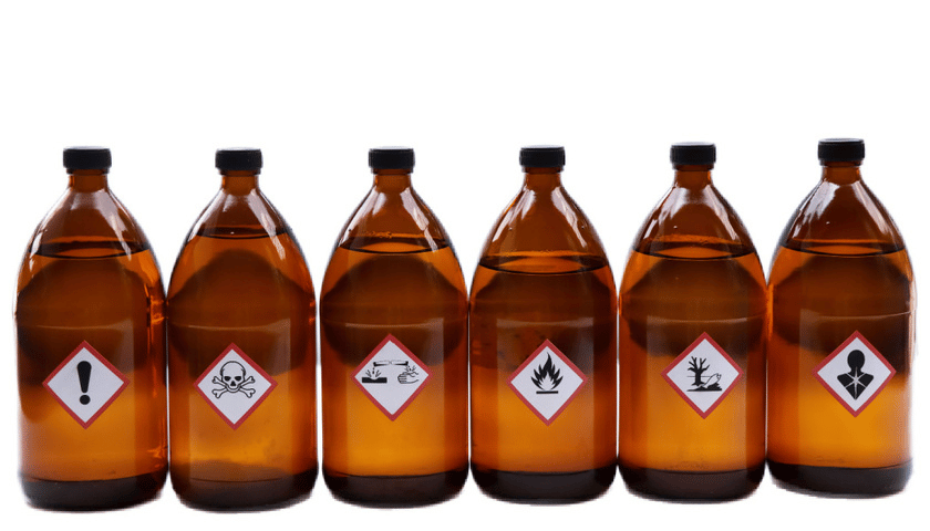 brown bottles with warning labels